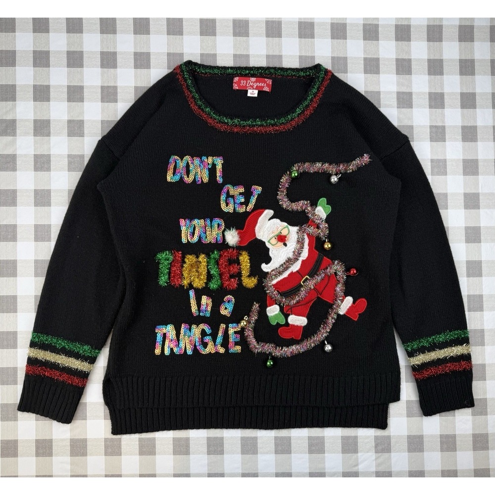 Ugly Christmas Sweater Tinsel Santa Sequin‎ Holiday Pullover